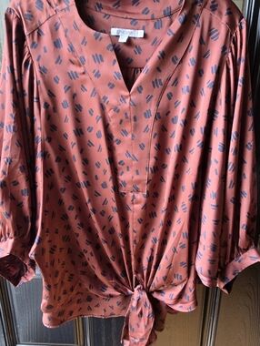 Chico's Rust Blouse with Navy Abstract Dots and Front Tie